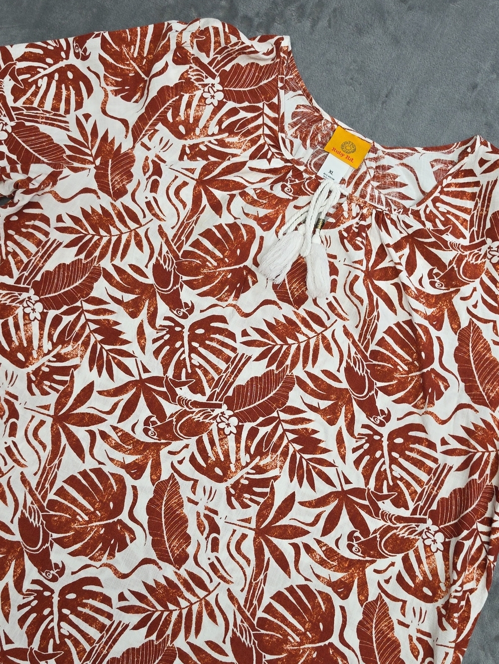 Ruby Rd. XL White Tunic with Rust Leaf Print and Tassel Tie
